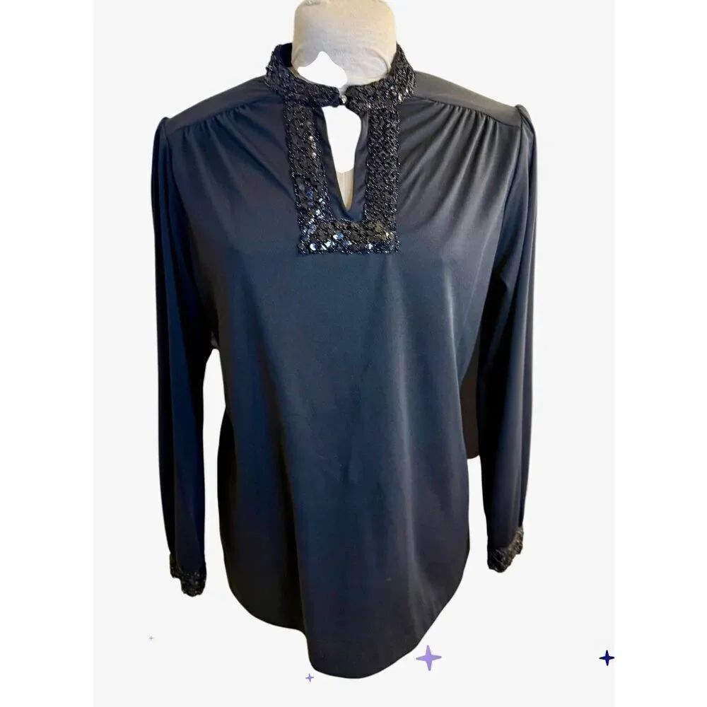 Lady Winn California by Teddi Vintage Sequined Neck/Cuffs Blouse Sz. 8 Flowy